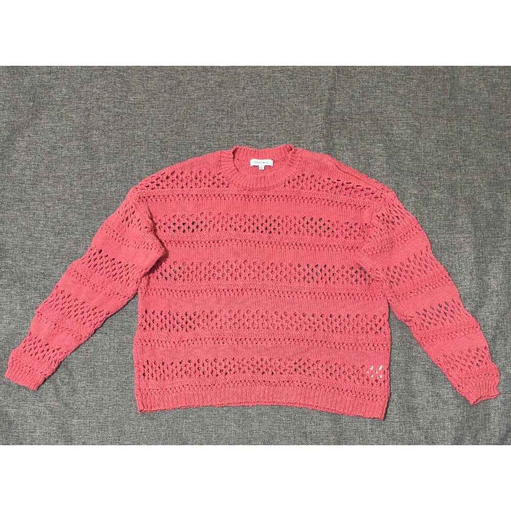 Hooked Up Womens XL Sweater Crochet Knit Pink Long Sleeve Crew Neck